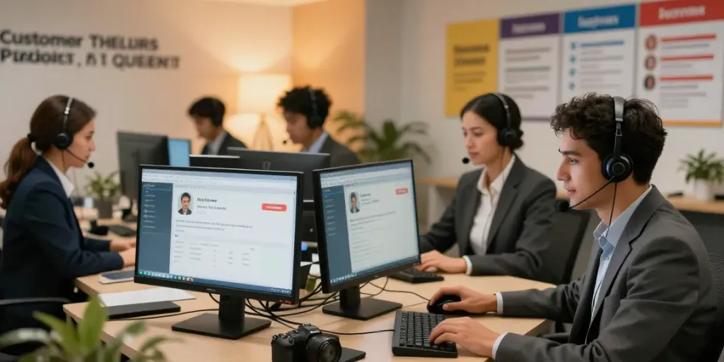 Customer support team assisting clients through various channels in a modern office environment, showcasing effective communication.