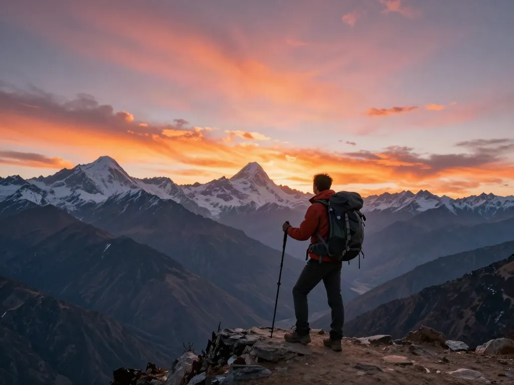 Trek to Manaslu Circuit traveler standing at mountain viewpoint during sunset over breathtaking Himalayan landscape.