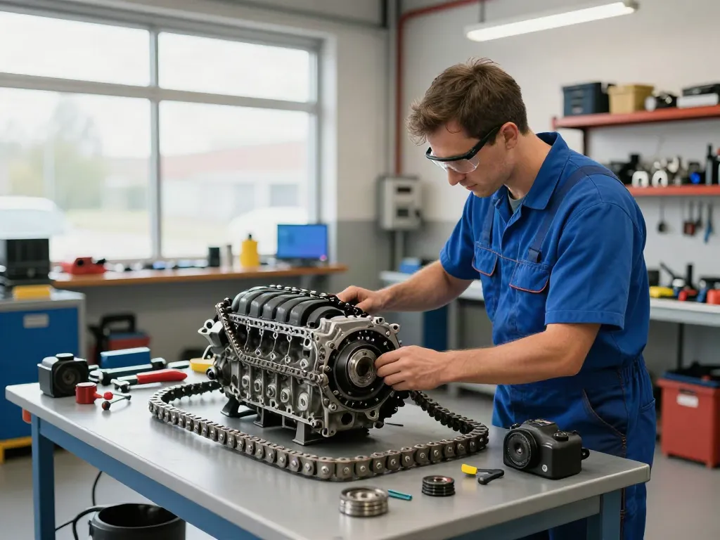 Mechaniker untersucht BMW-Motor für den Wechsel der Steuerkette in einer professionellen Werkstatt.