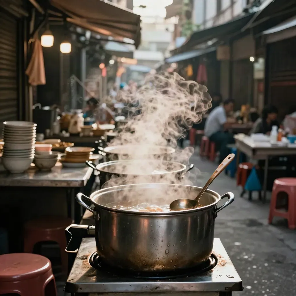 Steam rises from Hanoi soup pots beside stools in a narrow food lane at dusk