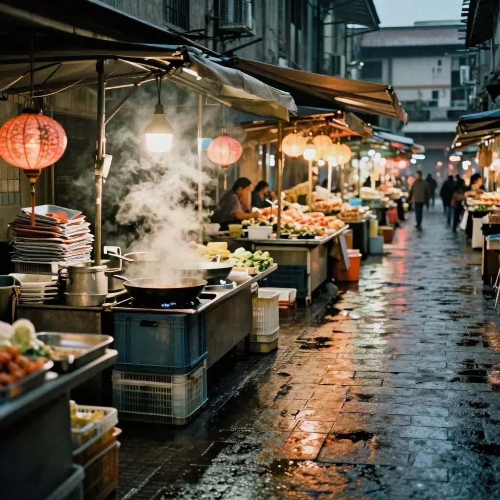 Glowing night-market stalls, wet reflections, and steam in a diagonal alley view