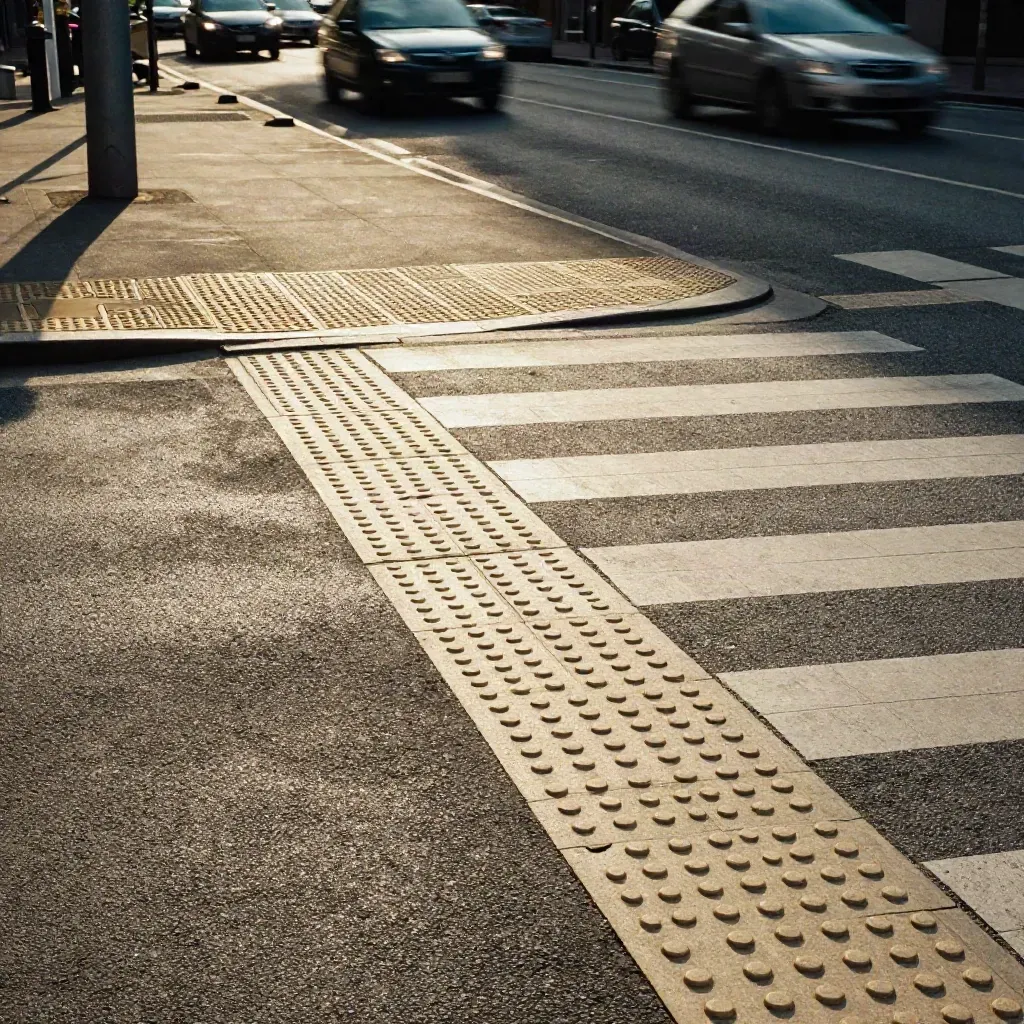 Low curb-height view of a tactile crosswalk, traffic island, and blurred junction in warm city light.