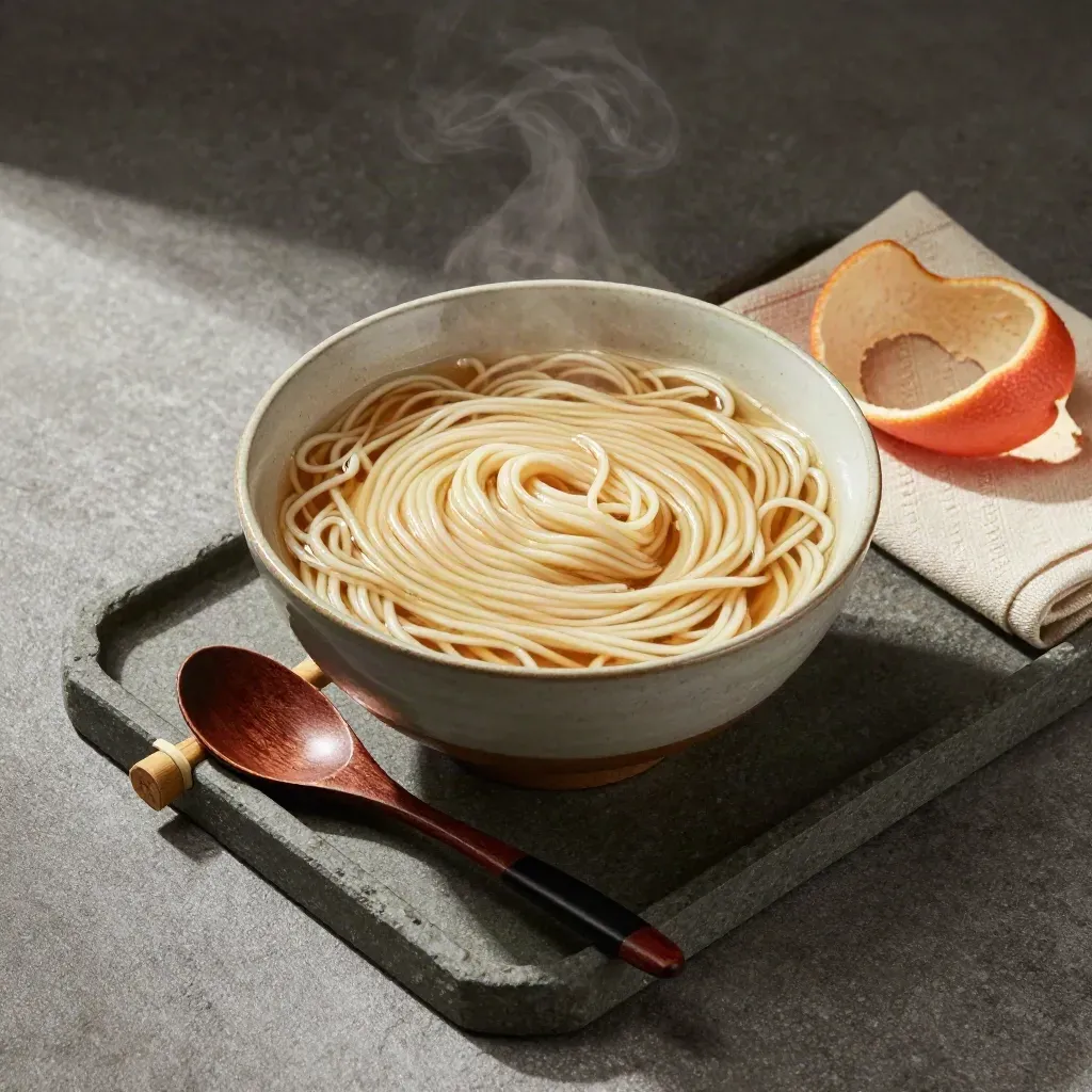 Top-down noodle bowl still life with spoon, bamboo rest, citrus peel, and folded napkin on stone.