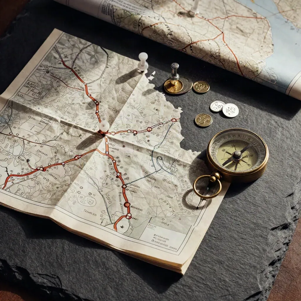 Folded maps, pins, transit tokens and a brass compass arranged on slate.