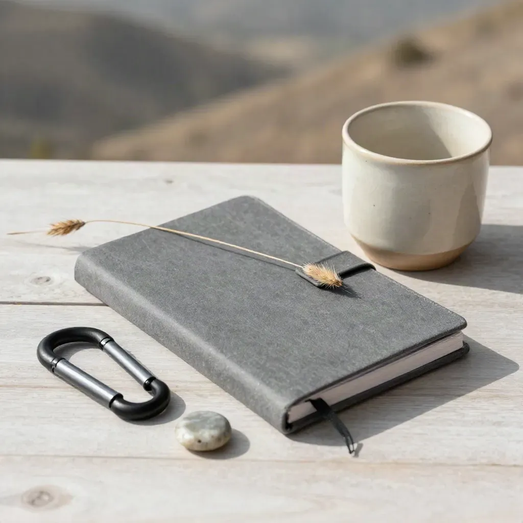 Trail notebook, carabiner, stone, grass stem and cup on pale wood in soft daylight.
