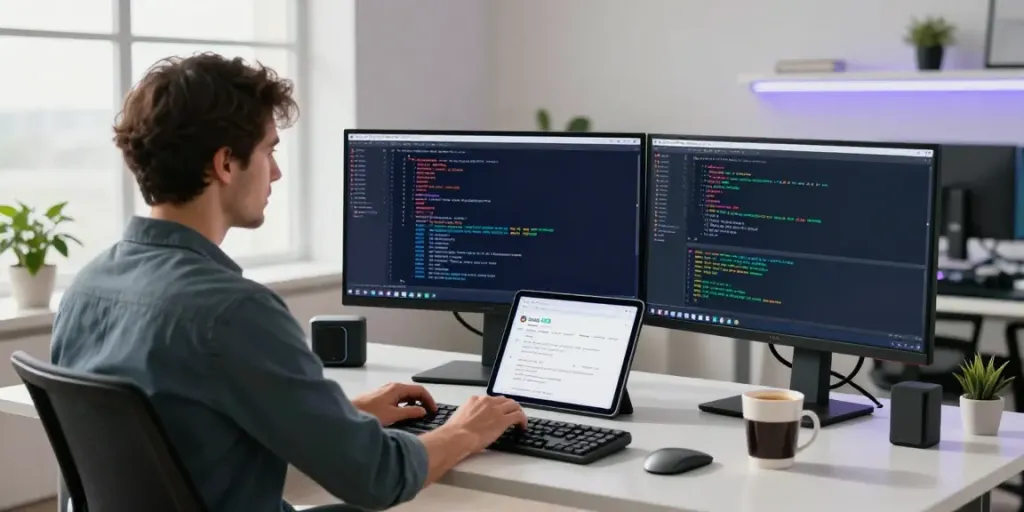 Web developer coding with instant indexing tools in a modern office