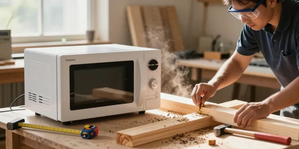 SHASHEL® microwave unit effectively eliminating wood-boring insects in a workshop.