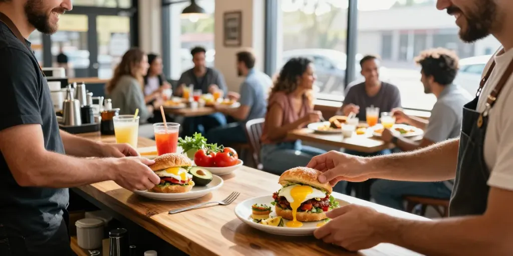 Enjoying NYC-inspired breakfast sandwiches at Eggman in Austin Texas area, showcasing vibrant café atmosphere.