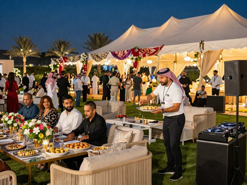 Event rentals enhancing a lavish outdoor celebration in Saudi Arabia with luxury tents, elegant decor, and vibrant atmosphere.