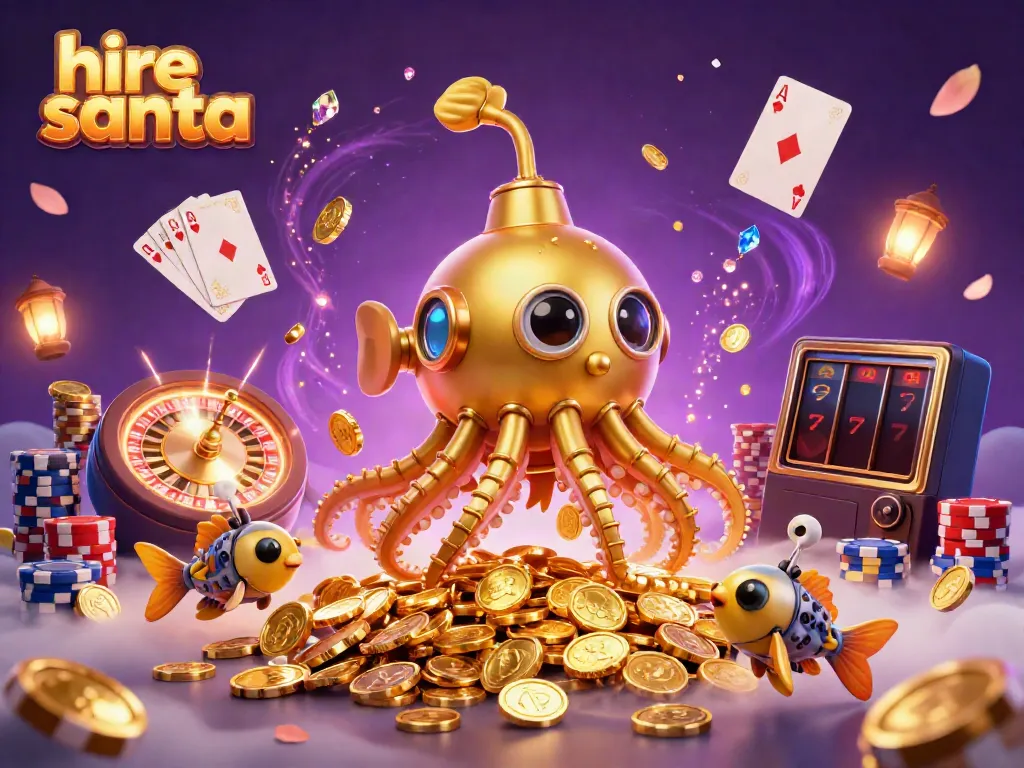 Engage with the excitement of hire santa through a vibrant casino-themed scene featuring a golden kraken submarine.