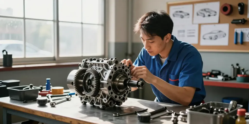Inspecting a CD009 transmission for sale in a bright automotive workshop.